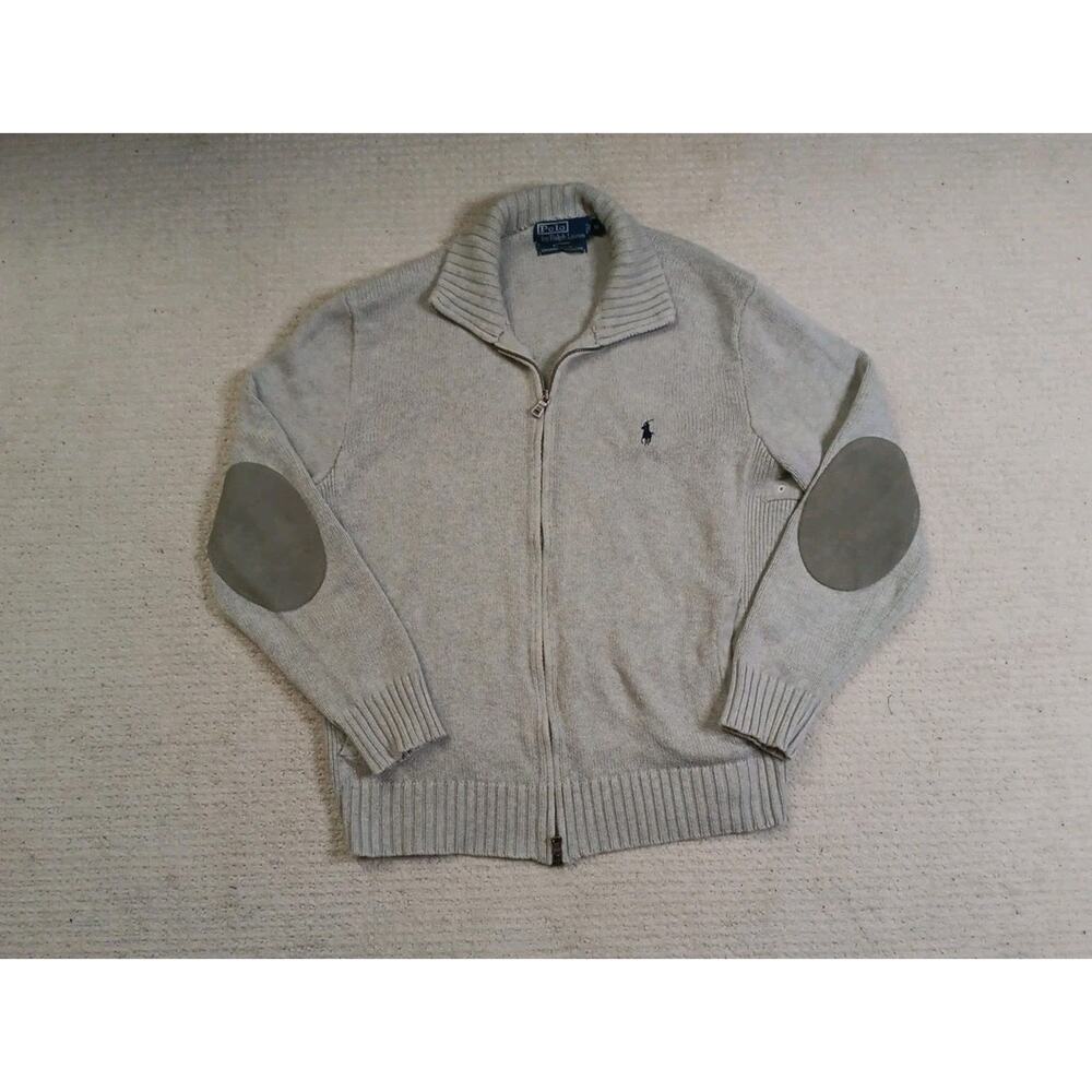 Polo Ralph Lauren Full Zip Up Heavy Knit Sweater Mens M w/ Elbow Patches